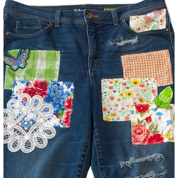 REFRESHED - Style & Co Straight Leg Denim Jeans, Distressed and Patched - Picture 2 of 6